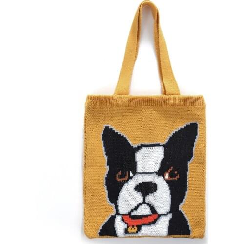 Cartoon Bulldog Pattern Knitting Tote Bag Cute Anime Crochet Woolen Women Handbags Large Shoulder Bags Big Shopper Purses 2021