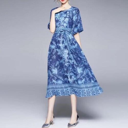 IVY HE 2021 Summer Dress Runway High Quality Vintage Ethnic Style Print Short Sleeve Mid-Length Pleated Dresses Traf Robe ZA