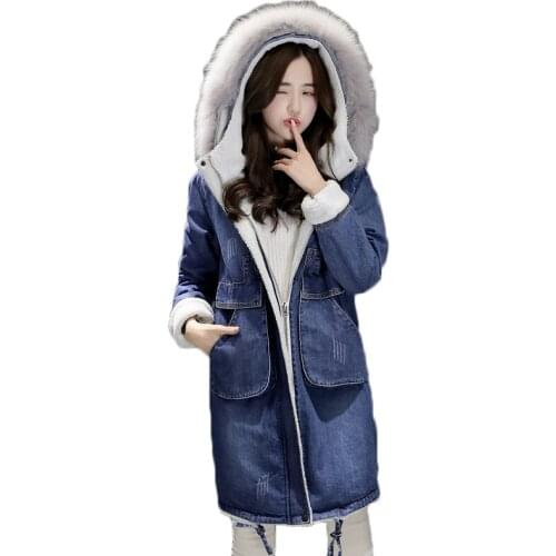 Winter Down Denim Jeans Jacket Women Thicken Warm Cotton Coats Winter Big Fur Collar Lamb Wool Parka Women Hooded Padded Coat