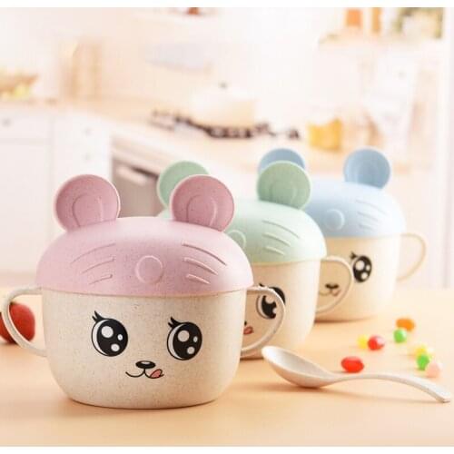 2Pcs/Set Bowl+Spoon Baby Feeding Food Tableware Kids Wheat Straw Dishes Children Eating Dinnerware Set Anti-hot Plate Training