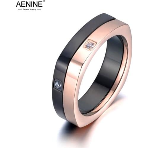 AENINE Original Design CZ Crystal Stainless Steel Spinner Ring Fashion Rose Gold/Black Anniversary Ring For Women Girls AR19012