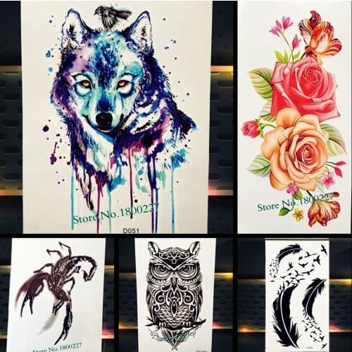 Watercolour Drawing Blue Wolf Temporary Tattoo Stickers Women Body Art Arm Tattoo Fake Flash Waterproof Water Colored Tatoo Men