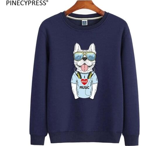 Quality 84.9% Cotton 15.1% Polyester Terry Anti-pilling Gog Printed Navy Blue Grey O-Neck Casual Long Sleeve Men Sweatshirt