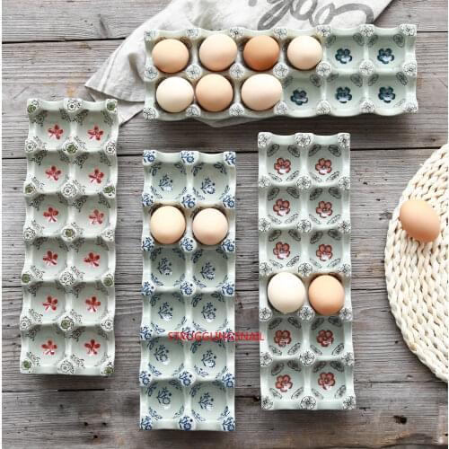 Japanese Glaze Color Ceramic 12 Grid Separation Egg Tray Rectangular Egg Dish Kitchen Household Storage Box Storage Container