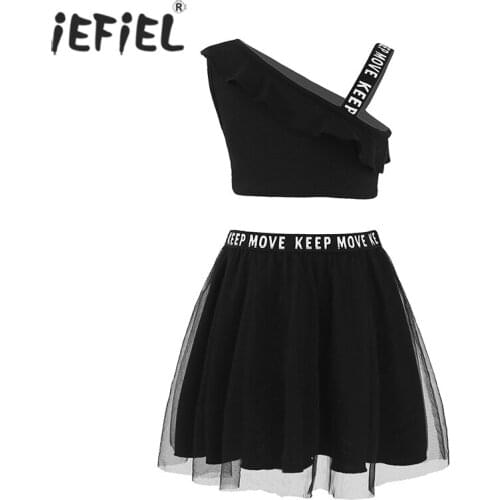 Kids Girls Clothes Sets Single Shoulder Ruffle Sport Tanks Crop Top with Mesh Skirt Workout Ballet Dancewear Gym Tennis Outfits