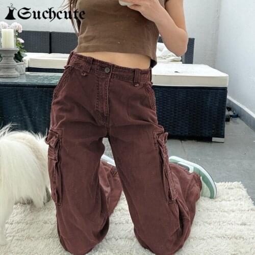 SUCHCUTE Women Pockets Cargo Baggy Jeans Vintage Casual Fashion Wide Leg Pants Hight Waist Streetwear Denim Trousers Korean 2021