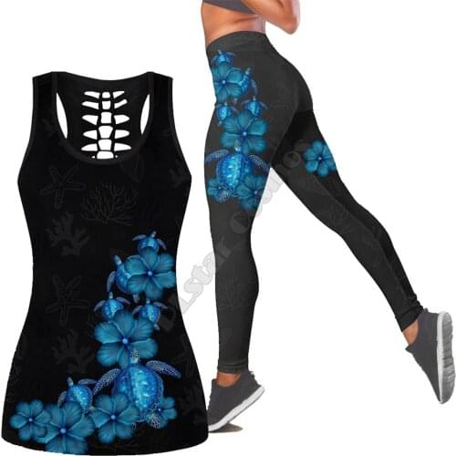 Sea turtle Polynesian 3D Printed Hollow Out Tank Legging Suit sexy Yoga Fitness Soft Legging Summer Women For Girl 36
