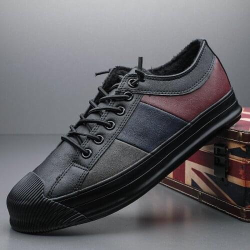 Mens Shoes Mens Casual Leather Shoes Low-top Lace-Up Plus Velvet Wild Trend British Shoes Mens Cotton Sneakers