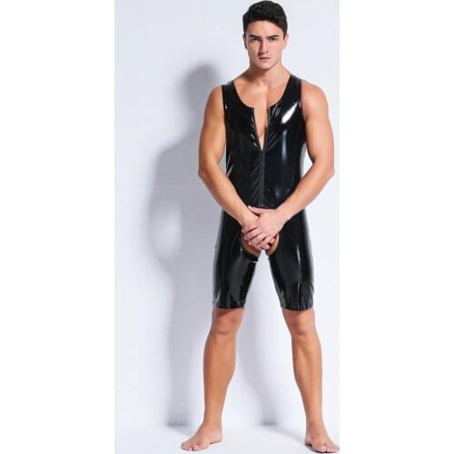 M-XXL Men Sexy Black PU Leather Bodysuit Open Crotch Erotic Latex Catsuit Bodycon Fetish PVC Jumpsuit Game Uniforms