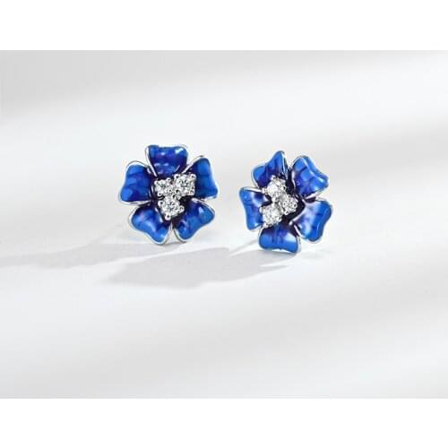 Fashion Charm Blue Enamel Flower Stud Earrings Inlay White Small Zircon Dainty Jewelry For Women Wedding Anniversary Gifts