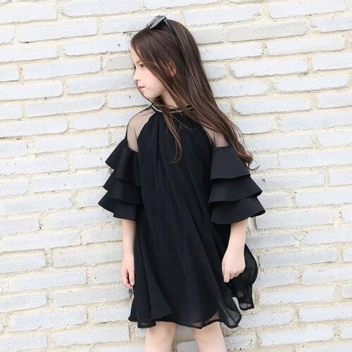 Big Girls Dress Concert Christmas Black Dress Stylish Party Ceremony Chiffon Dress for Junior Students Girl 12 13 14 15 years