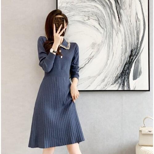2021 New Knitted Dress Slim A-line Womens Korean Version Sweater Dress Autumn Winter Thick Bottom Vestidos Out Wear Clothes