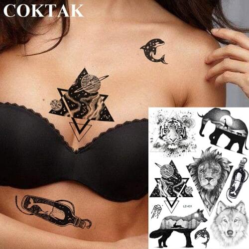 COKTAK Galaxy Wolf Universe Lion Tiger Tattoo Temporary Body Art Tatoo For Men Women Water Transfer Fake Triangle Tattoo Sticker