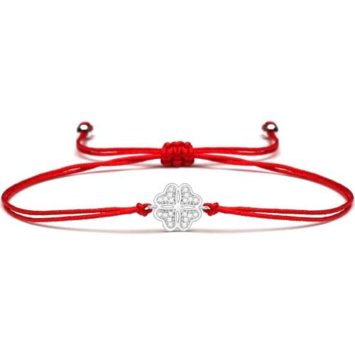 White Cubic Zirconia Four Leaf Clover Rhodium Plated Lucky Charm Bracelet For Women Girl High Quality CZ Red Cord Jewelry Gift