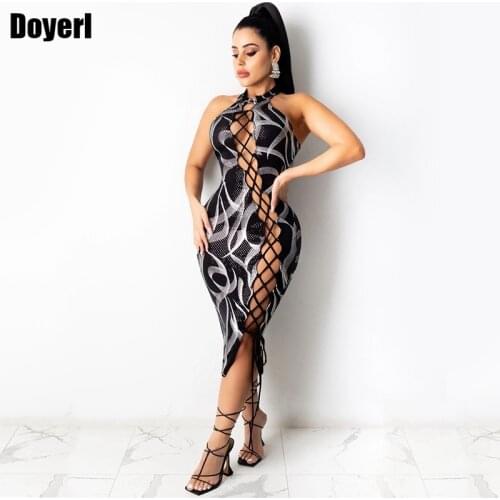 Lace Up Front Bandage Bodycon Midi Dress Women Elegant Hollow Out Print Going Out Dress Club Outfits Sexy Summer Party Dress