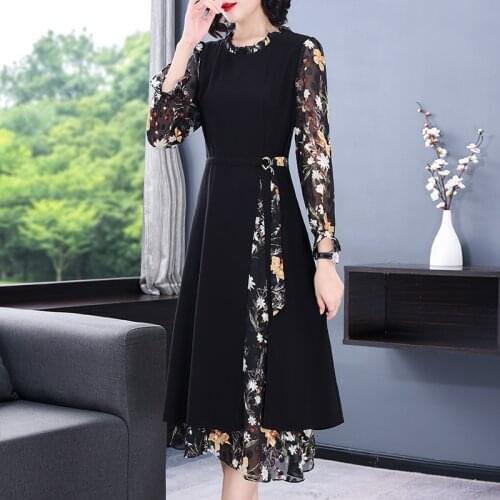 Vintage Black Floral 4XL Plus Size Casual Midi Dresses 2021 Autumn Winter Office Lady Dress Women Elegant Bodycon Party Vestidos