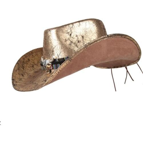 Gold Leather Western Cowboy Hat Women Men Outdoor Gold Rill Brim Jazz Hat Sombrero Hombre Cowgirl Hat Punk Belt Size 58-59CM