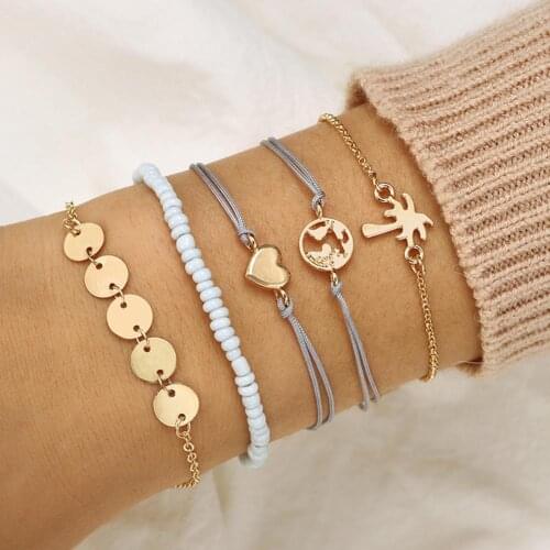 5Pcs/Set Fashion Map Heart Coconut Tree Beads Chain Rope Bracelet Women Jewelry