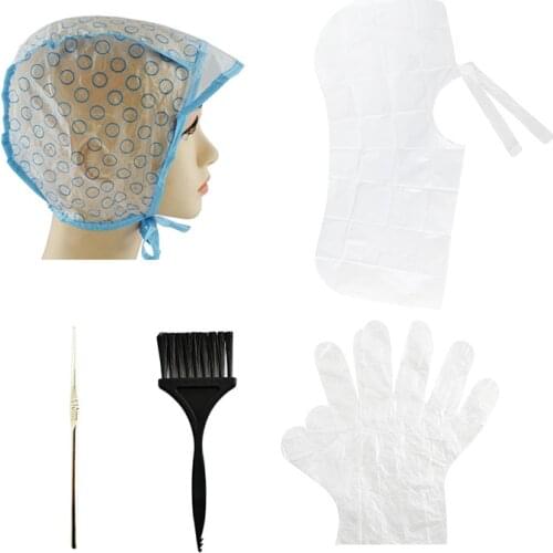 5pcs/Set Highlighter Cap Crochet Hair Dye Shawl Gloves Hair Dye Tool Reusable Professional Hair Salon Coloring Hairstyling Tools