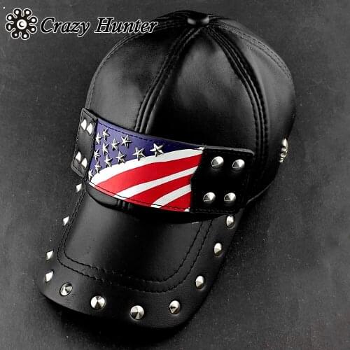 US Flag star Real Leather Stud Rivet Punk Rock Baseball Cap Star Hat Men/womens adjustable