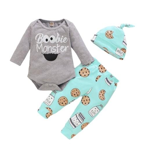 Cotton Printed Newborn Baby Boys Girls Clothes Sets Winter Long Sleeve Bodysuits And Pants Hat Casual Infant Girls Outfits D30