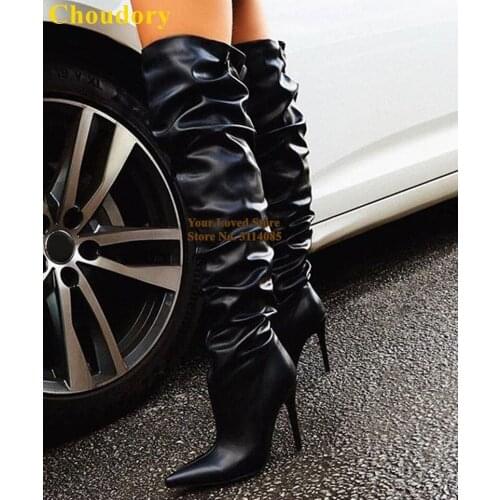 Choudory Black Over The Knee Folded Dress Boots Stiletto Heels Loose Stage Shoes Nightclub Thigh High Boots Fall Winter Boots