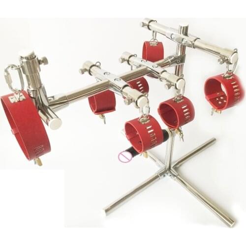 Stainless steel spreader bar leather harness hand ankle cuffs metal bondage restraints frame adult games sex tools for couples