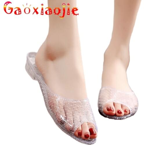 Home Indoor Crystal Fish Mouth Slippers Bathroom Non-slip Deodorant Cooked Rubber Seaside Sandals Mother Breathable Flat Slides