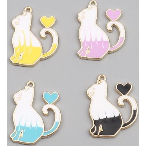 Doreen Box Fashion Gold Color Zinc Alloy Charms Cute Cat Animal Purple/Yellow/Blue/Black Heart DIY Jewelry 27mm x 20mm, 10 PCs