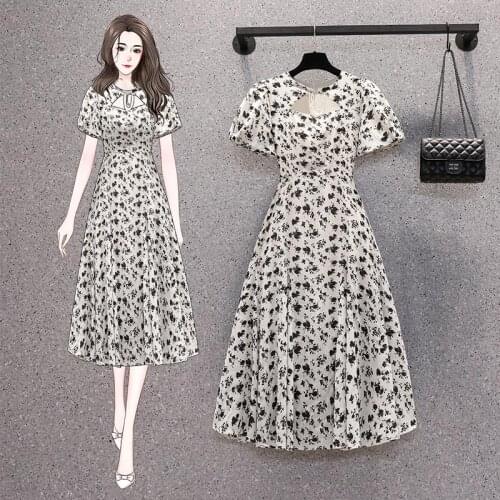 EHQAXIN Plus Size Women Vintage Puff Sleeve Floral Printed Lacing Bow Midi Dress Summer 2021 French Elegant Beaded Chiffon Dress