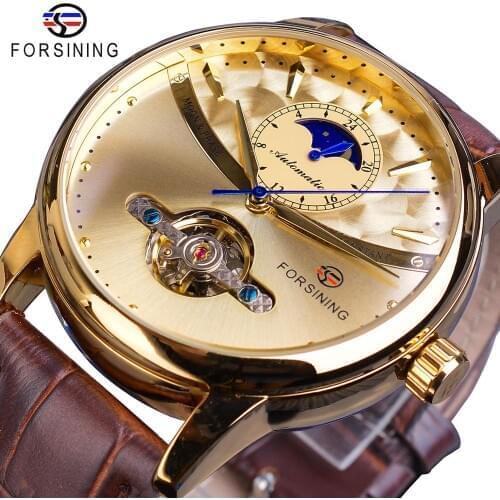 Forsining Automatic Watch Men Moon Phase Golden Skeleton Mechanical Male Watches Casual Brown Leather Band Horloges Mannen Clock