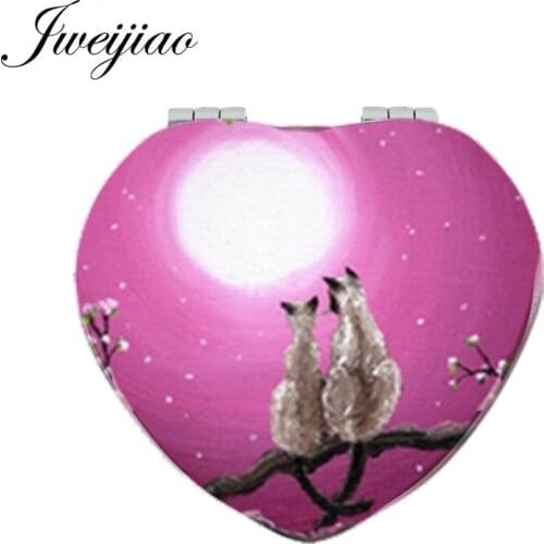 Youhaken Love Moon Cats Heart Pocket Mirror PU Leather Mini Compact Folding 1x/2x Magnifying Makeup Mirror for Lovers