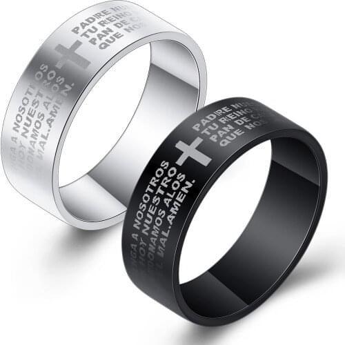 Fashion Scripture Cross Rings For Men Engraved Bible Stainless Steel Finger Ring 7mm Classic Black And Steel Color Jewelry Gift