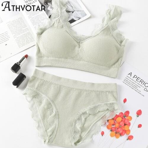 ATHVOTAR Lace Underwear Sets Striped One-Piece Bralette Women Home Lingerie Solid Suits Padded Wireless Bra
