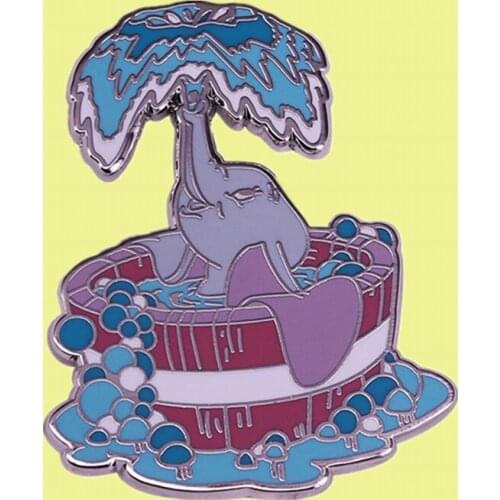 Flying Big ears baby elephant Bubblebath enamel Pin Round Wooden Bath Tub Spraying Water Bubbles metal brooch