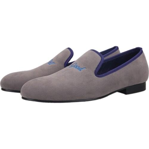 Piergitar handmade grey color velvet men shoes embroidered different words prom and banquet men loafers mens casual flats