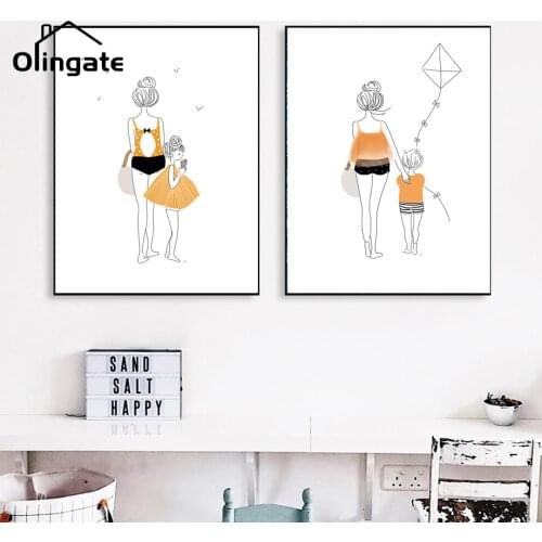 Nordic Nursery Posters and Prints Minimalism Wall Art Cartoon Canvas Painting Mother Child Kite Wall Pictures Kids Room Decor
