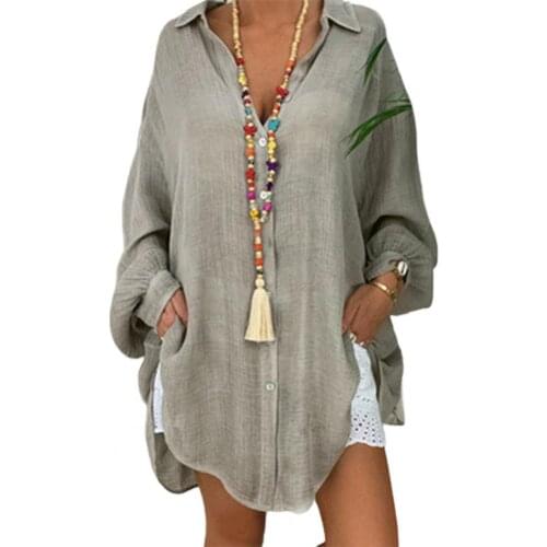 New Womens Vintage Boho Blouses Oversized Long Sleeve Solid Color Single-breasted Spring Autumn Turndown Collar Pullover Tops