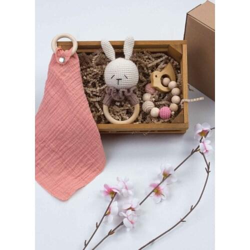 Baby Girl Boy Baby Newborn Organic Handmade Gift Box Special Rabbit Amigurumi Play Ring Mouth Wipes Babies 3-Pack gift Set Model