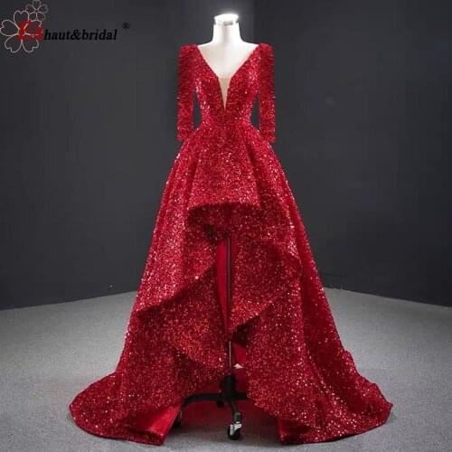 Dubai Luxury Evening Dress 2020 Long Sleeves Deep-V Sexy Sequins High-low Asymmetrical Formal Party Gowns