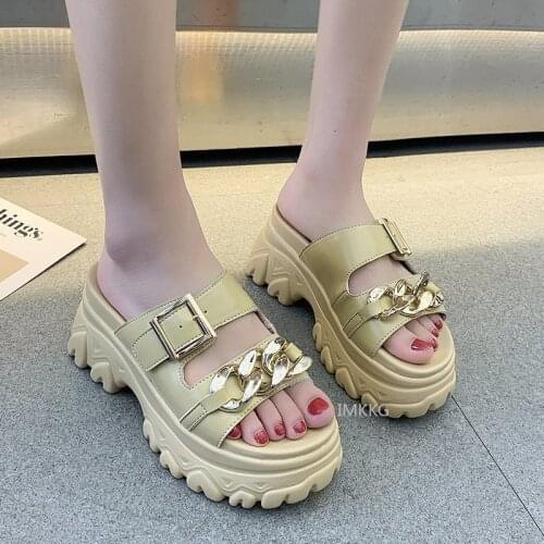 Women Platform Slippers Woman Metal Chain Thick Sole Slides Sandals Summer Female Square Buckle Leisure Open Toe Chunky Shoes