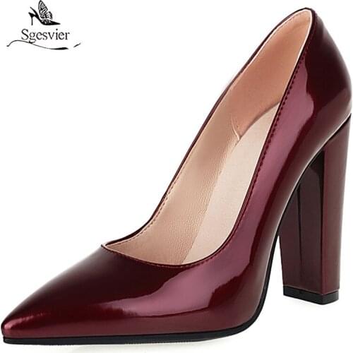 Sgesvier Shoes Women Patent Leather Super High Heel Pumps Pointed Toe Slip On Footwear Chunky Heels Party Shoes Lady Red 42 43