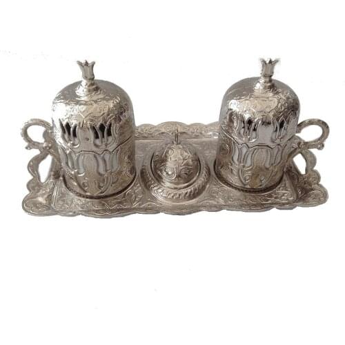 Turkish Coffee Set Silver Serving Tray Espresso Mugs Turkish Ottoman Coffee Set Silver Looking Metal Plated and Ceramic Coffee Set