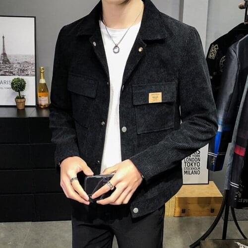 Corduroy Solid Bomber Jacket Men 2021 Autumn Business Casual Slim Fit Jacket Lapel Single Breasted Dress Coat Social Street Tops