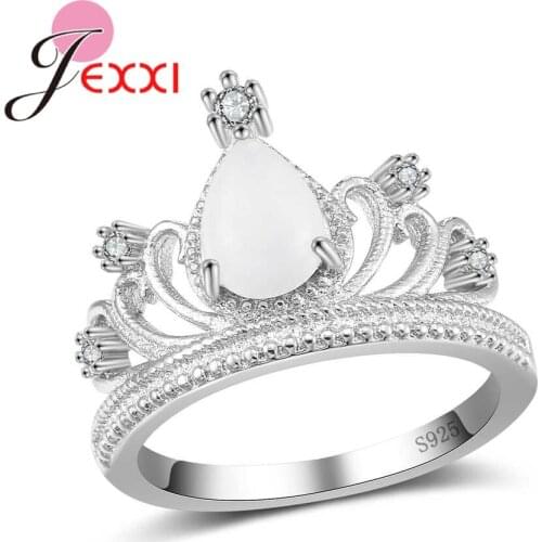 High-End Queen Crown Shaped Real 925 Sterling Silver Rings Filled White Waterdrop Opal Stones Jewelry For Women Party
