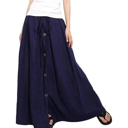 Stylish Bar 2019 Women Linen Cotton Long Skirts Elastic Waist Pleated Maxi Skirts Casual Button Flare Long Skirt Faldas Saia