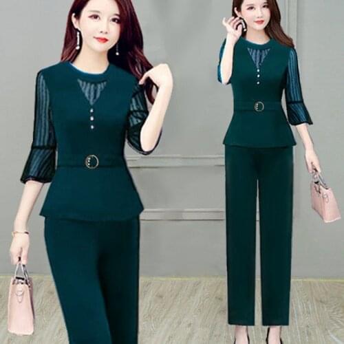 Womens Summer Outfits New Fashion Solid Color Crop Top Pants Two Piece Set Lace Splicing Plus Size Women Blouse Office Clothing