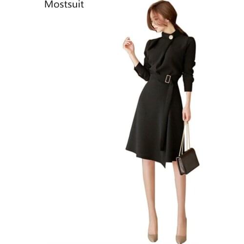 Spring Autumn Elegant Korean Dress Women Plus Size Asymmetry Long Sleeve Stand Collar Tunic Mini A-line Dresses With Sashes 2021