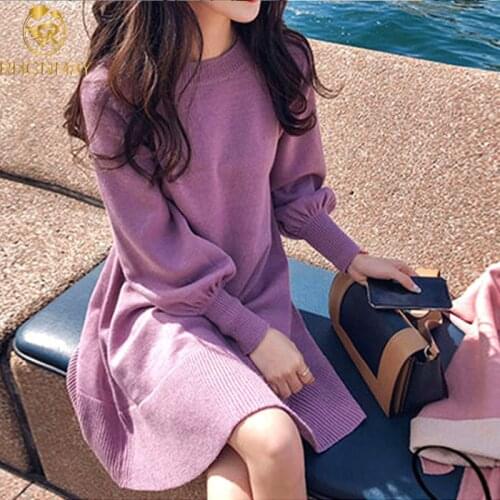 Elegant Autumn Winter Sweater Dress Women Casual O Neck Lantern Sleeve Knitted Mini Dress A-line Loose Dress