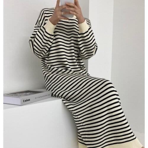 Plus Size Fall Winter Korean Womens Stripes Sweater Knitted Dress Loose Lazy Streetwear Warm Knit Dress Vestido
